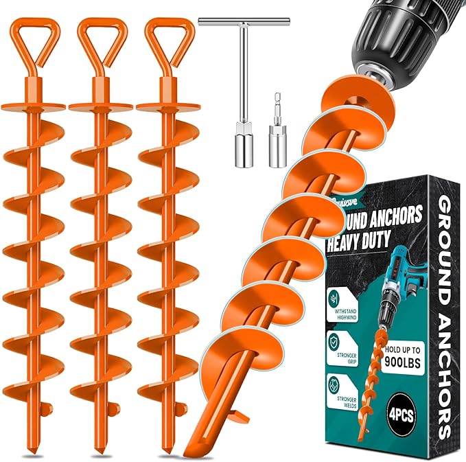 Ground Anchors Screw in, Heavy Duty Ground Trampoline Stakes High Wind Tent Stakes for Tent, Trampoline, Gazebo, Carport, Trap Anchor, Canopies, Swing Set