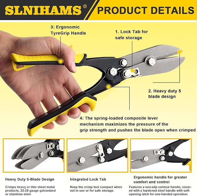 5-Blade Hand Crimper Sheet Metal Tools, Hvac Tool for 24-28 Gauge Duct Work Downspout and Stove Pipe, 10-1/2" Sheet Metal Crimper Gutter End Cap Duct Crimping Tool