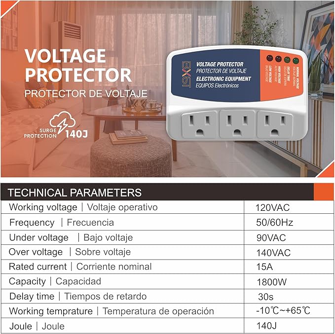 BXST Refrigerator Surge Protector 3 Outlet Power Strip for Home Appliance 30S Delay Voltage Protector Brownout Surge Protector Plug for TV/PC/Fridge15A 1800W 140J