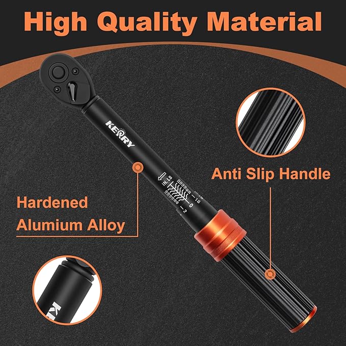 Kerry 1/4 Inch Drive Click Torque Wrench, 20-240 IN.LB/2.3-27.1 Nm, ±3% High Accuracy, Dual Range Scales, Clearly Graduated, Eeasy Read, Hardened Alumium Alloy, 72 Tooth Click Torque Wrench for Bike