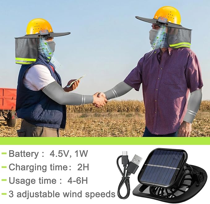1 Set Sun Hard Hat Shade Full Brim Hard Hat Sun Visor with Solar Fans and Neck Sunshade Cover UV Reflective Strap Arm Sleeves Summer Protection Accessories