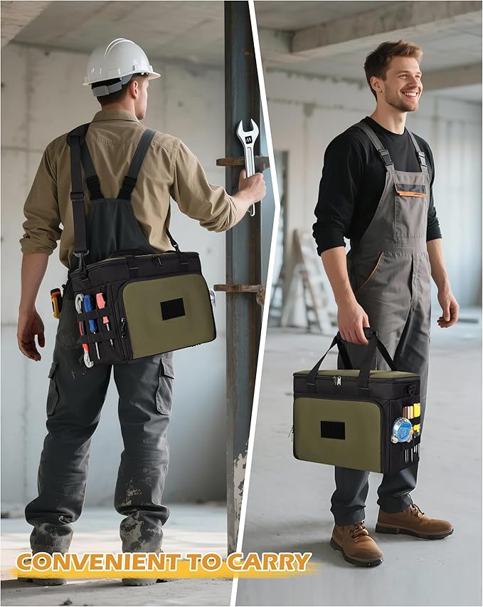 2 Layers Tool Bag with 3 Clear Window Removable Cases, Heavy Duty Tool Tote with Molle Webbing and Detachable Shoulder Strap, Black/Green