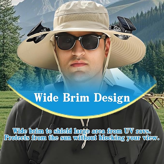 Hat with Fans Solar Power Wide Brim Solar Fan Hats for Men Women UPF 50+ Bucket Fishing Hat with Fan Outdoor