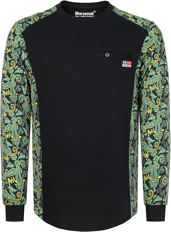 BOCOMAL FR Shirts Crewneck 5.5oz Lightweight Cotton Paisley Camo Two-Tone Flame Resistant Long Sleeve CAT2 Work Shirt