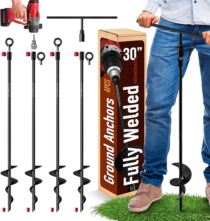 30 inch Ground Anchors Heavy Duty Screw in - Kit of 4 Fully Welded Earth Anchors - Long Spiral Tie Down Stakes for Swing Set Shed Trampoline Canopy Tree Tent - High Wind Anchor - Sand Auger Stake