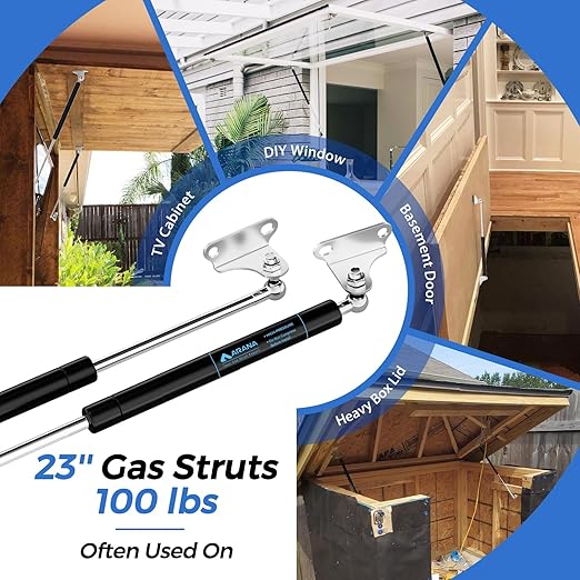 ARANA Gas Struts 23 inch 100lb with Brackets (2 Pack) - Heavy Duty Lift Support for RV Bed Hatch & Storage Box Lid - Hydraulic Spring Shocks for Camper Bed, Cellar Door, Food Truck Window