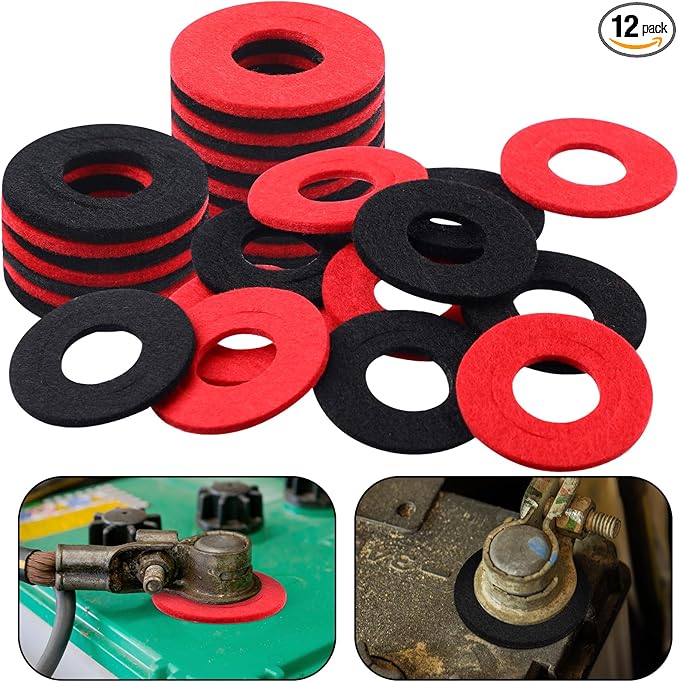 Pangda 12 Pcs Battery Terminal Anti Corrosion Washers Fiber Battery Washers Terminal Protector (Red,Black)