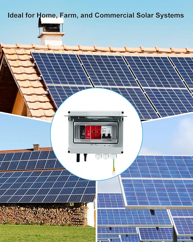 600V Solar DC PV Combiner Box, 1 String with Lightning Arrester Connector for On/Off Grid Solar Panel System, 1 Input 1 Out 32A Fuse, 63A Circuit Breaker, Waterproof ABS Enclosure