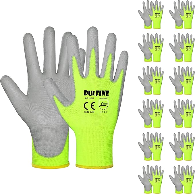 Safety Work Gloves for Men PU Coated 12 Pairs Bulk Pack,Hi-Vis Yellow Seamless Knit Glove with thin Polyurethane Coated Smooth Grip on Palm & Fingers,Ideal for General Duty Work (Extra Large)