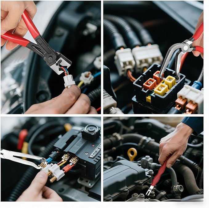 5-Pcs Kit Electrical Disconnect Pliers Set w/Gloves - Auto Connector Tool for Fuel Line, Wiring, Sensors & Coils | Quick-Release Car Truck Repair (Red)