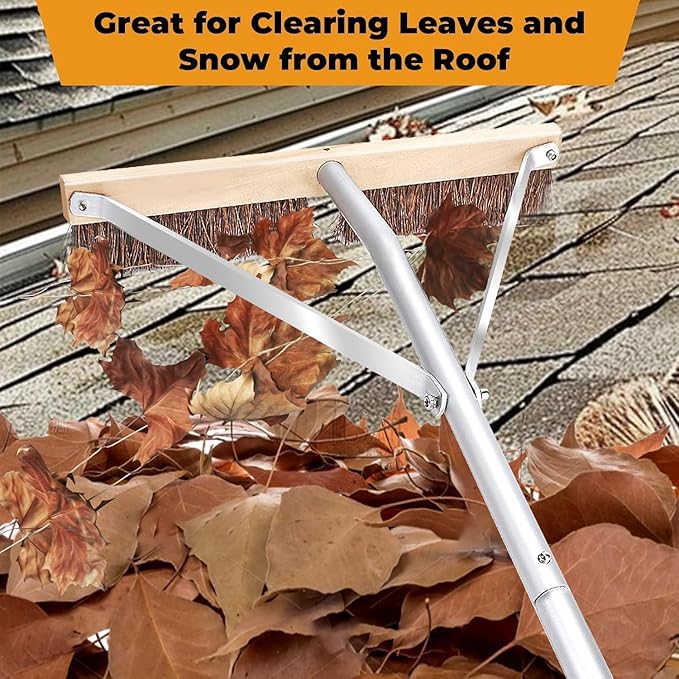 Leaf Roof Brush and Roof Rake, 21 Ft Adjustable Length Roof Cleaning Tool, Remove Roof Leaves Safely, with Natural Brush Head, Lightweight, Easy to Use & Store