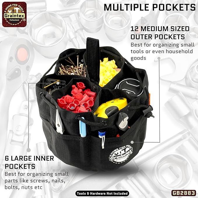 Graintex 18 Pockets Grab Bag Rip-stop Canvas Drawstring Closure, Small Part Organizer Pouch, Small Tools, Screws, Parts, Parachute Tool Bag for Efficient Storage - Black