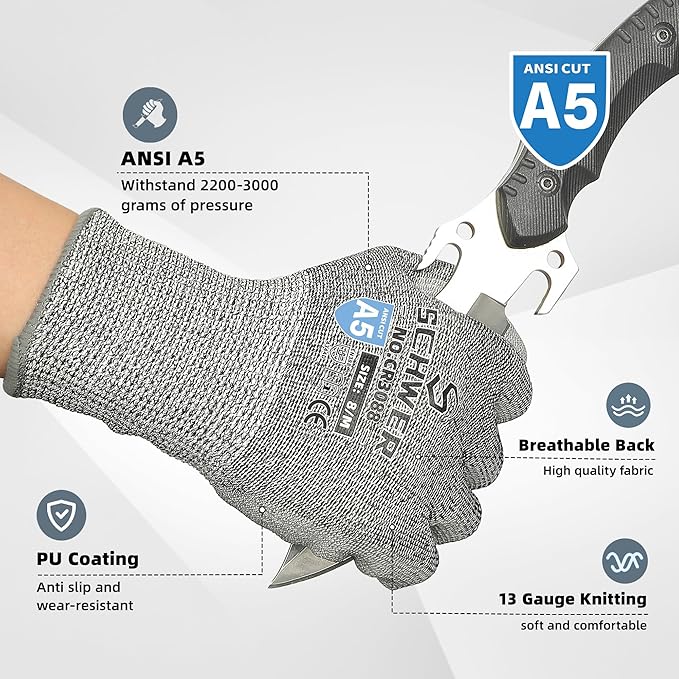 Schwer 12 Pairs ANSI A5 Cut Resistant Work Gloves, Cut Proof Gloves with PU Coating, Used for Metal Fabrication, WoodWorking, Construction, Non Slip, Durable, XS, CR3088