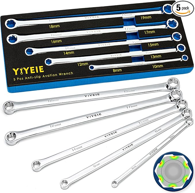 5-Piece Extra Long Box End Wrench Set, Metric 8mm-19mm, 6 Point Extended Bolt Extractor Wrench, CR-V Labor-Saving Aviation Spanner with EVA Foam