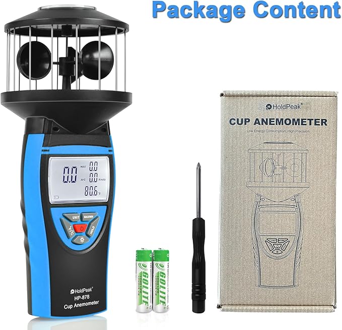 HoldPeak Handheld Cup Anemometer with Compass, 360° Wind Measuring Digital Air Wind Speed Meter, 93MPH Wind Speed Measuring Device Gauges for Outdoor Sailing HVAC Golf Shooting
