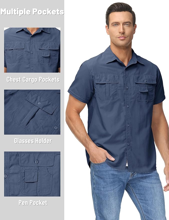 TACVASEN Men's Convertible Long Sleeve Fishing Shirts Lightweight Quick Dry Button Up Tactical Sun Shirts for Safari Hiking