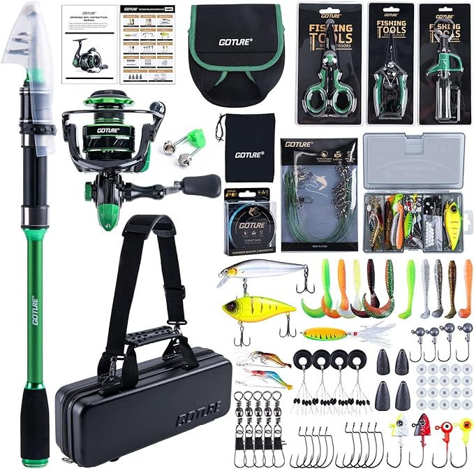 Goture Fishing Poles and Reels Combo - Green Telescoping Fishing Rod Portable Travel Kit with Carrier Bag for Freshwater Saltwater