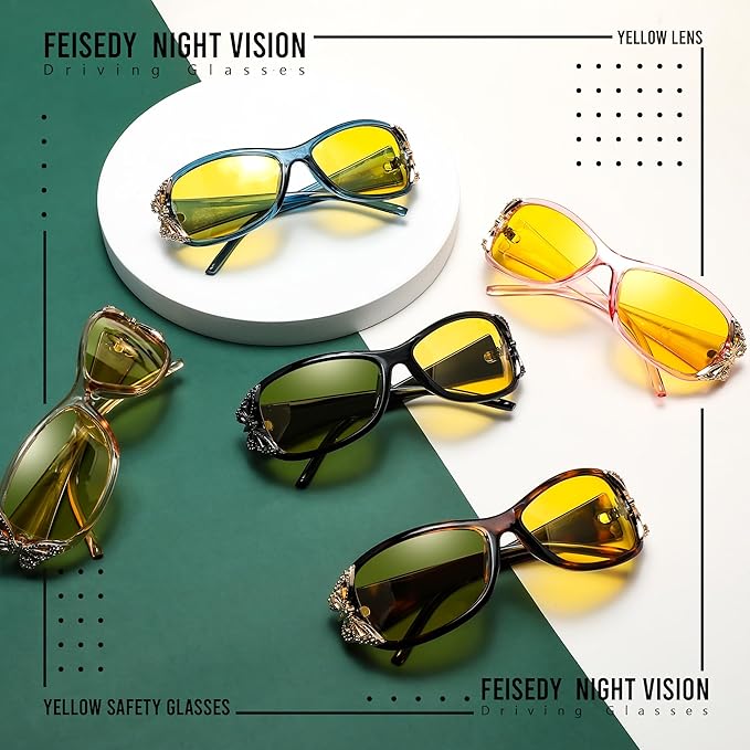 FEISEDY Classic Womens Night Glasses Driving Anti Glare Wrap Around Yellow Sunglasses B2548