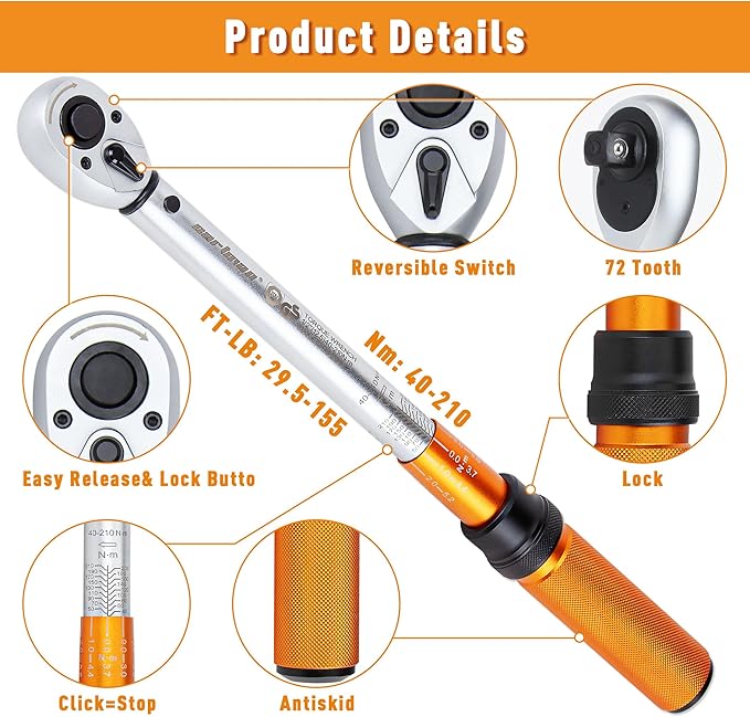 CARTMAN 1/2-inch Drive Click Torque Wrench Dual-Range 29.5-155 LB.IN/40-210 N.M for MTB, E-Bike and Moto Maintenance
