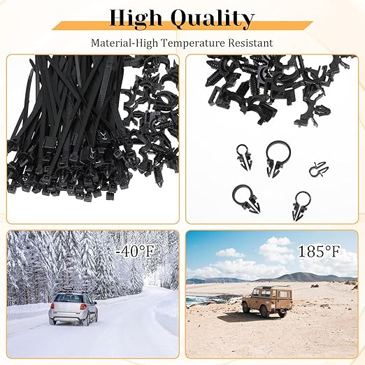 200Pcs Car Wire Loom Routing Clips Assortment, Nylon Car Push Mount Cable Tie Black Push Mount Zip Ties Wire Loom Clips Harness Clip Replacement Parts for Automotive