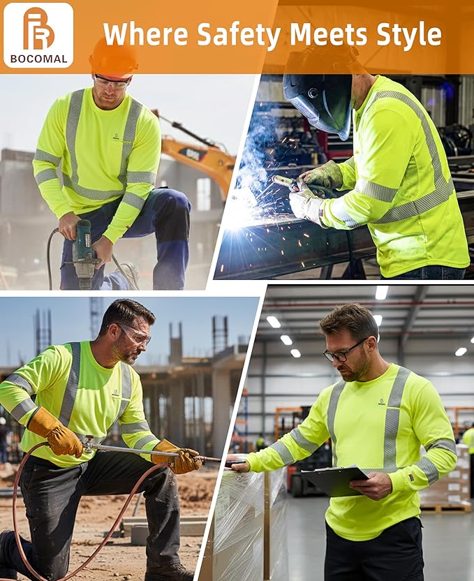 BOCOMAL Reflective FR Shirts High Visibility Summer Vented Mesh Long Sleeve Crewneck Lightweight Flame Resistant Workwear