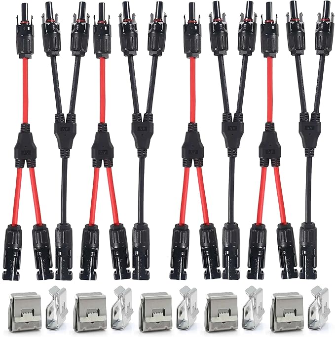 4 Pairs Solar for Connector Y Branch Parallel Adapter Cable Wire Plug 2 to 1 Male Female Connectors (M/FF, F/MM) for Solar Panel with PV Cable Clips