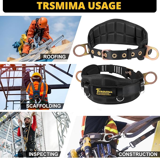 TRSMIMA Safety Harness Climbing Belt - Black Body Fall Protection Men Roof Tree Work Waist-Tongue Buckle Pad D-Ring