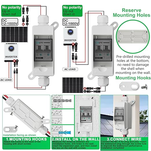 Solar Disconnect Switch 32A DC1000V Circuit Breaker 2P with PV Connector and IP65 Small Breaker Box and Wall Hooks for Outdoor PV Stystem, Battery, PV Array MCB
