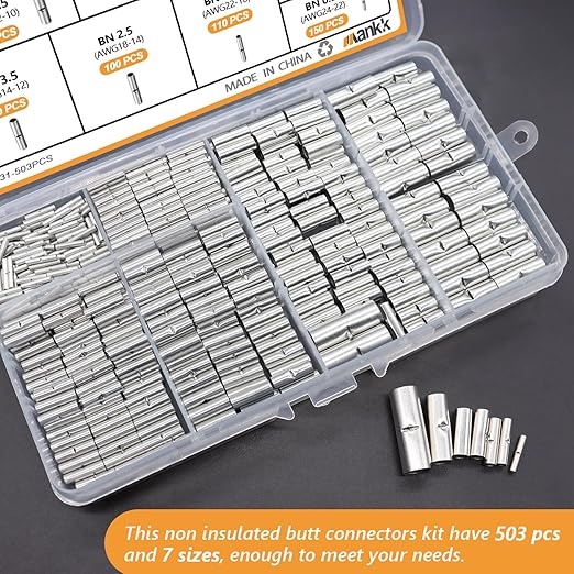 mankk 503PCS Non Insulated Butt Connectors Kit 26-6 Gauge Uninsulated Butt Connector Tinned Red Copper Wire Crimp Connector for Electrical Appliances Cars Boats etc