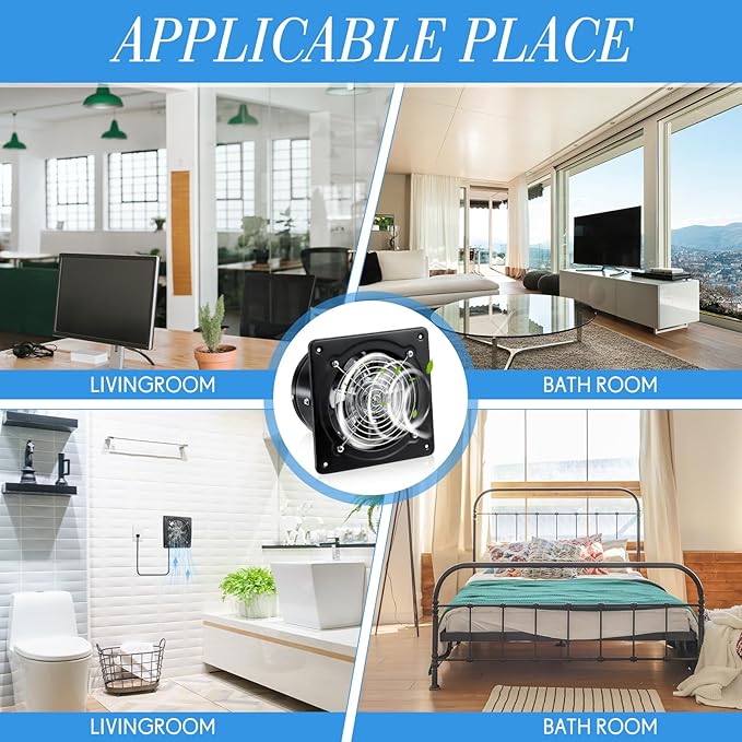 6 Inch Exhaust Fan 308 CFM Kitchen Ceiling Exhaust Fan with Switch Small Bathroom Potable Plug in Garage Damper for Window Shop, Smoking Room, Industrial Ventilation Use, Black