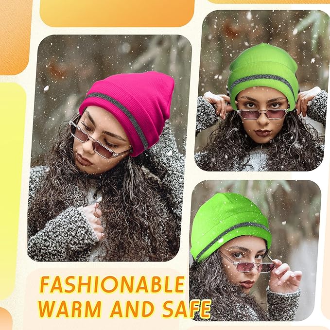 Reflective Knit Hat Safety Beanies Adult High Visibility Beanie Neon Winter Knit Caps with Reflective Stripe
