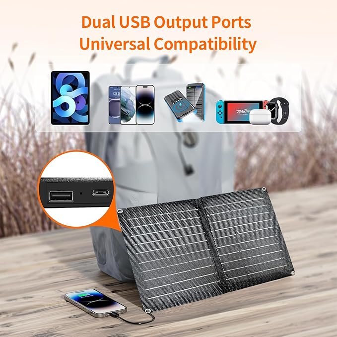 Foldable Solar Panel, 10W Portable Solar Charger with Dual USB Outputs 25% High Conversion Efficiency Solar Panels, Solar Controller for Portable Power Station, Power Bank, Phone, Laptop, Camping