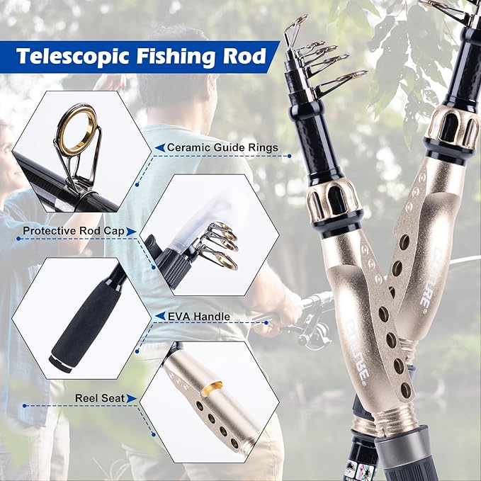 GOTURE Telescopic Fishing Rod and Reel Combos, Carbon Fiber Travel Fishing Pole, 9+1 BB Spinning Reel, Saltwater Freshwater Fishing Gear Kit with Braided Line, Lures, Carrier Bag for Bass Trout