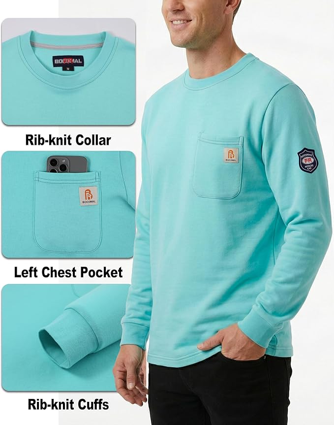 BOCOMAL FR Shirts Crewneck 7oz Midweight Flame Resistant Clothing NFPA2112 CAT2 Men's Fire Retardant Work Shirt