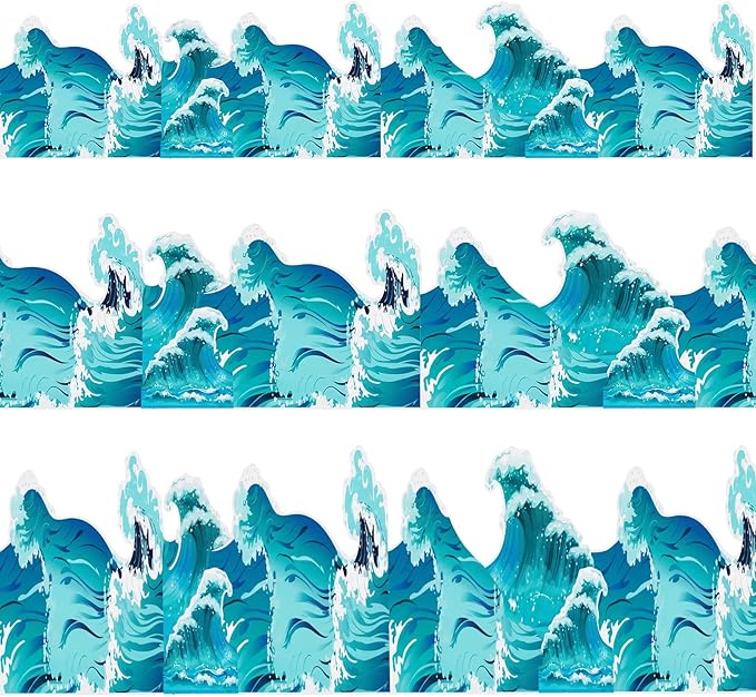 48 Pcs Ocean Waves Stickers 3 Sizes Ocean Theme Party Decorations Set Blue Turquoise Waves Cutouts for Sea Beach Border Trim Blue Wave Waterproof Home Office Wall Decor with Adhesive Dots