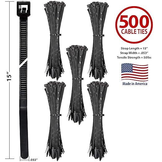 Bar Lok 15” Zip Ties – 500 Pieces, Black – Made in America – Weather, UV & Impact Resistant Plastic Cable Ties for Binding Bundling & Organizing Wire Cable & More – Indoor & Outdoor (15", 500ct)