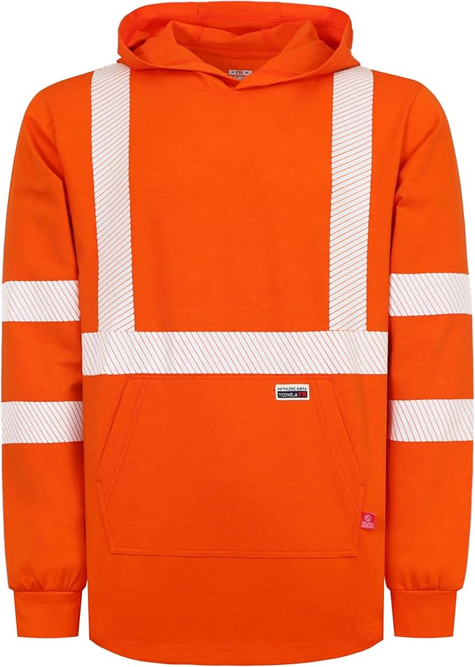 TICOMELA FR Shirts Pullover High Visibility 6oz Lightweight Hi vis Flame Resistant Reflective Hooded Work Shirt
