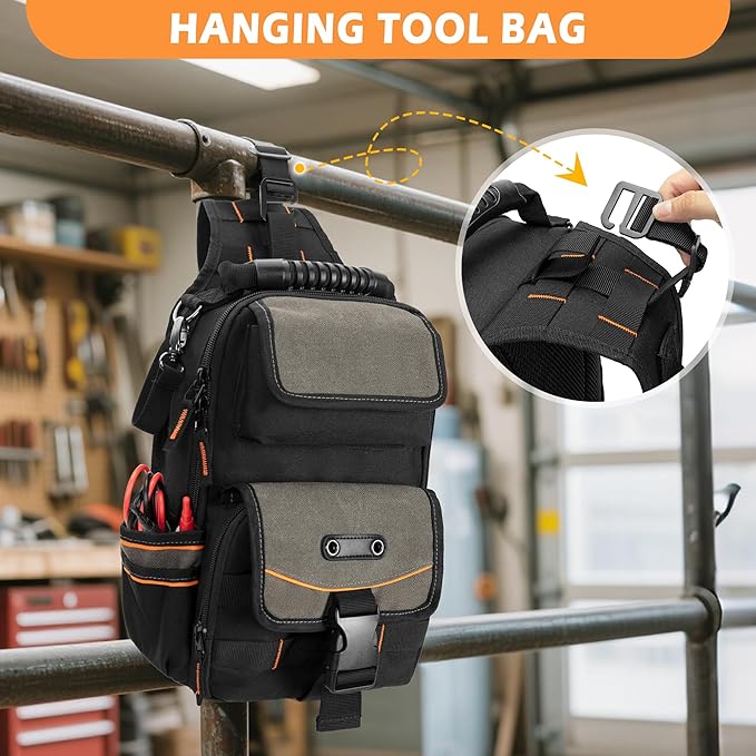 Electrician Tool Pouch Bag, Zippered HVAC Tool Organizer with Ergonomic Handle and Shoulder Strap for Maintenance Repair Technicians, Black