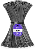 Zip Ties, RAZCC 1200pcs Black Cable Zip Ties 14 Inch, Heavy Duty Plastic Wire Ties with 100lb Tensile Strength, Self-Locking Black Nylon Tie Wraps for Indoor and Outdoor