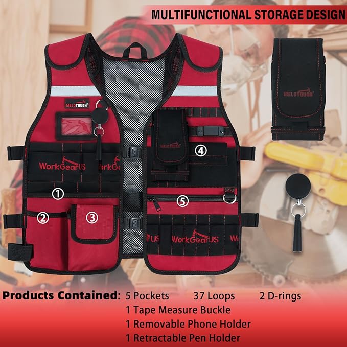 MELOTOUGH Tool Vest Safety Work Vest with Adjustable Straps,Removable Phone Holder for Electrician,Construction,Carpenters