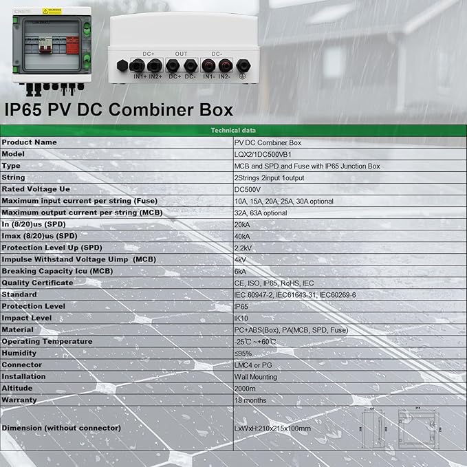 2 String Solar PV Combiner Box IP65 2 in 1 Out DC500V 32A Circuit Breaker with Surge Protector and 15A PV Fuse,Solar Disconnect Switch Outdoor Waterproof for Solar Panels System