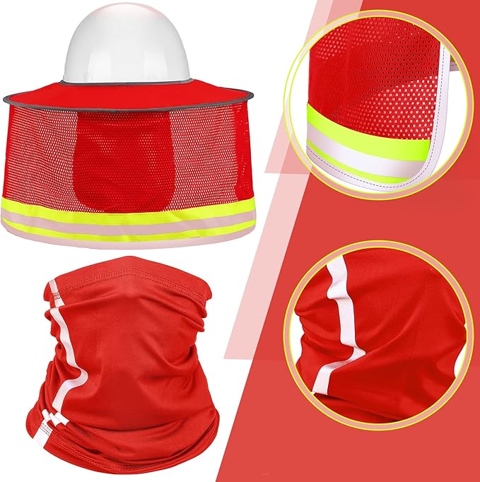 SATINIOR 3 Pcs Sun Hard Hat Neck Protection High Visibility Full Brim Mesh Sun Protection Bandana Headband Arm Sleeves with Reflective Strap for Construction Helmet Hard Hat(Red)