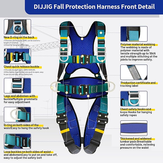 Full Body Protection Safety Harness 5pt Adjustment Safe Comfortable Construction Positioning Extra LongThick Leg Back Padded Push Button Quick Lock Buckle OSHA/ANSI compliant