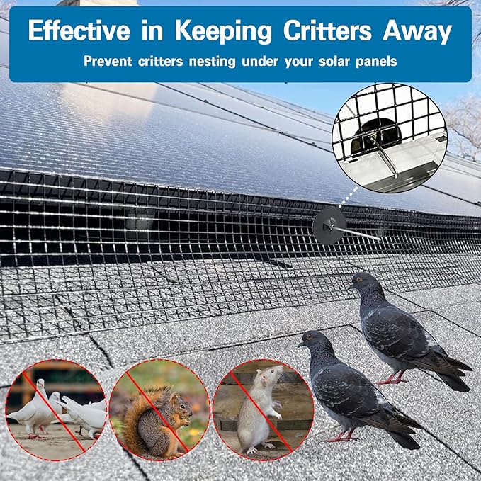 Solar Panel Bird Guard, 6inx150ft Critter Guard, Black PVC Coated Galvanized Mesh with 100pcs Clips, Cutting Plier, Gloves