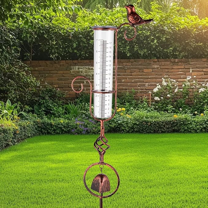 Rain Gauge Outdoor, Hummingbird Rain Gauge, 7 Inch Tube Decorative Rain Measure Gauge, Metal Rain Measure Tool with Bell for Garden, Lawn, Patio