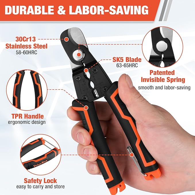 ValueMax 7 Inch Wire Stripper, Cable Cutters, Jacket Removal Cable Stripper, Wire Cutter for Copper, Aluminium Solid and Standard Wire, 4 in 1 Electrical Wire Stripper Tool