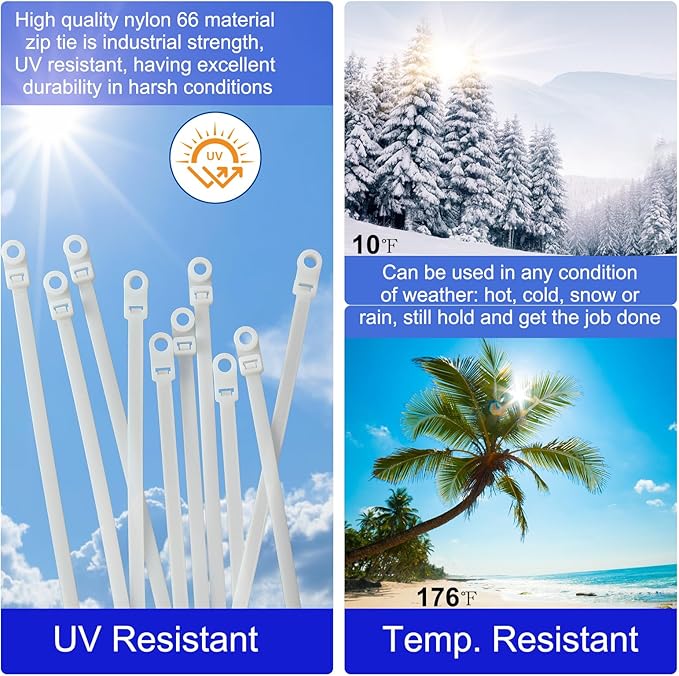 120 PCS 15 Inch Plastic Zip Ties with Screw Holes, Heavy Duty Mountable Cable Ties, UV Resistant Electrical Zip Ties for Indoor & Outdoor (White)