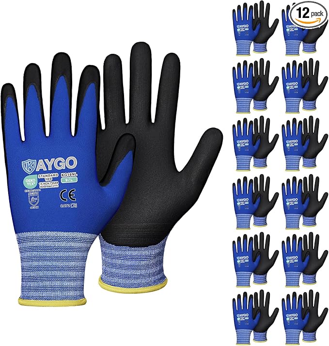 KAYGO Safety Work Gloves MicroFoam Nitrile Coated, 12 Pairs KG18NB,Seamless Knit Nylon Glove with full fingers Touchscreen, Ideal for Automotive,Warehouse,Construction (Large, Blue)