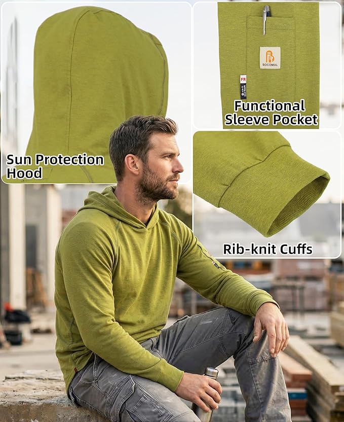 BOCOMAL FR Hooded T Shirts Heather Series 6oz Flame Resistant NFPA2112 CAT2 Fire Retardant Hoodies Work Shirt