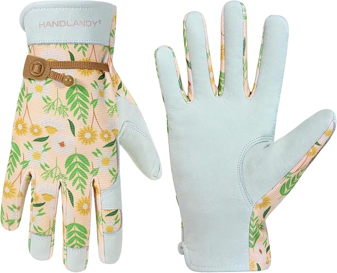 HANDLANDY Work Gloves for Women, Breathable Leather Gardening Glove for Yard Maintenance, Hand Protection with Touch Screen